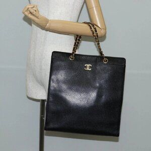 CHANEL Chain Hand Bag Grained Calf Skin Black Gold CC Auth 138564A